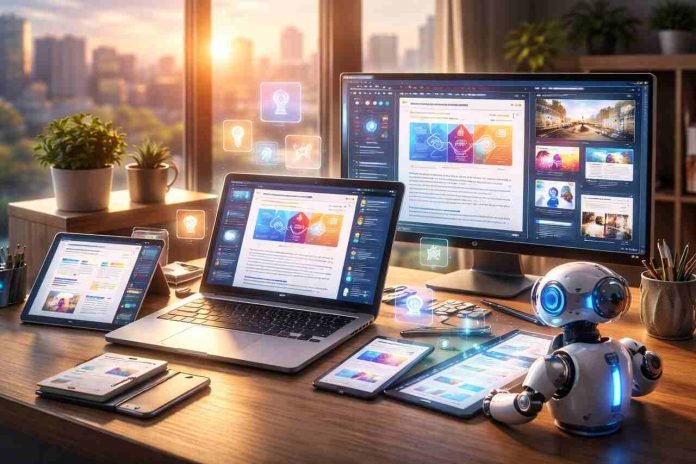 AI robot using digital devices for plagiarism-free content creation