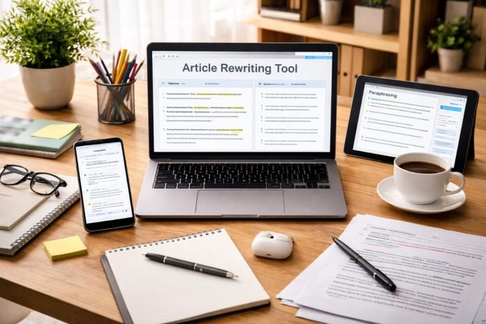 AI article rewriting tools displayed on laptop, tablet, and phone at a workspace.