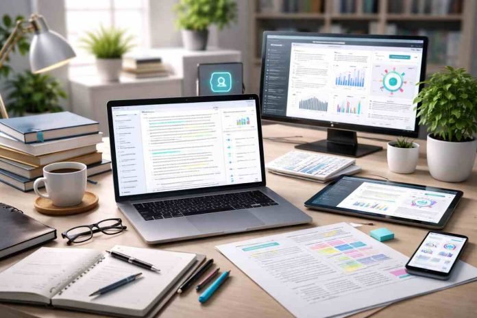 AI tools setup for academic and research writing on modern desk
