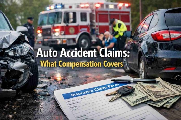 Auto accident scene showing vehicle damage and compensation concept