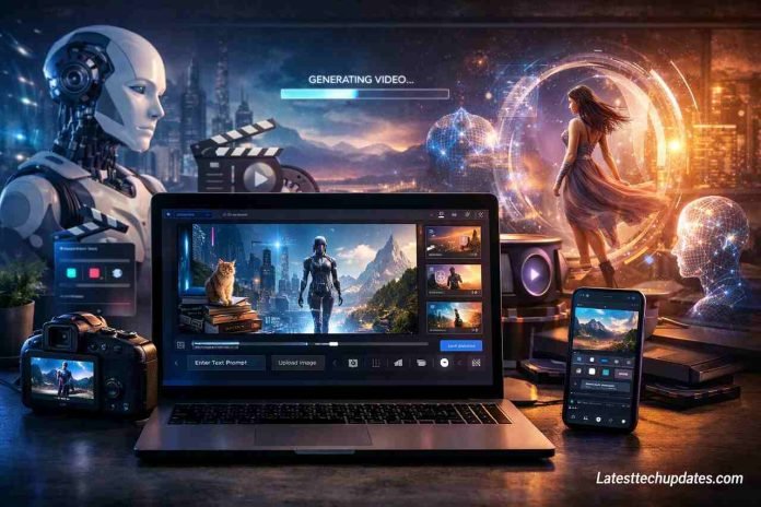 Best AI Video Generator Tools from Text & Images AI video creation tools with futuristic laptop and digital workspace