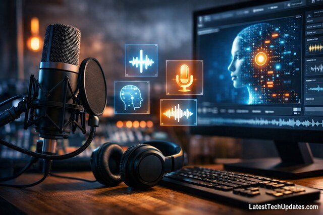 AI voice generator studio setup with microphone and digital interface