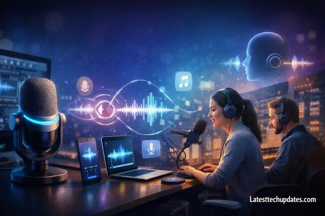 Businesses and creators using AI voice generators in a modern studio setup
