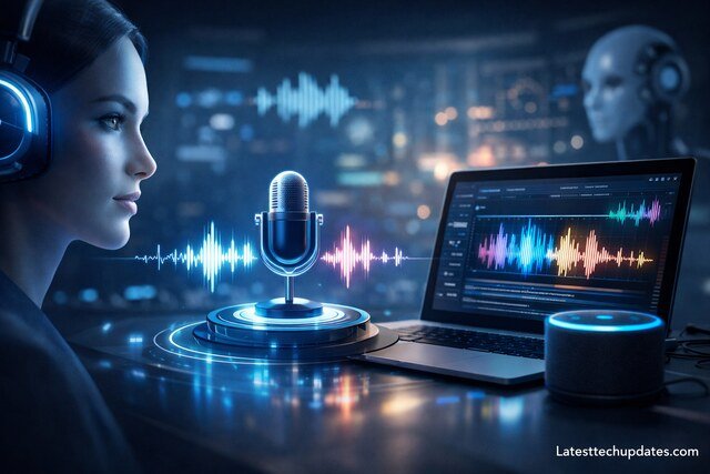 AI text-to-speech technology with digital voice assistant and sound wave interface