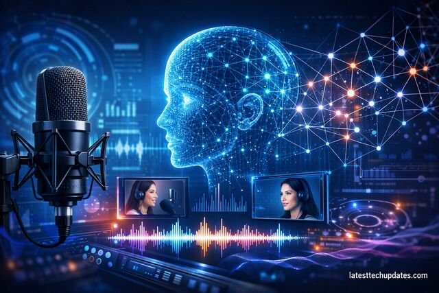 Modern AI voice cloning technology with microphone and digital neural voice interface