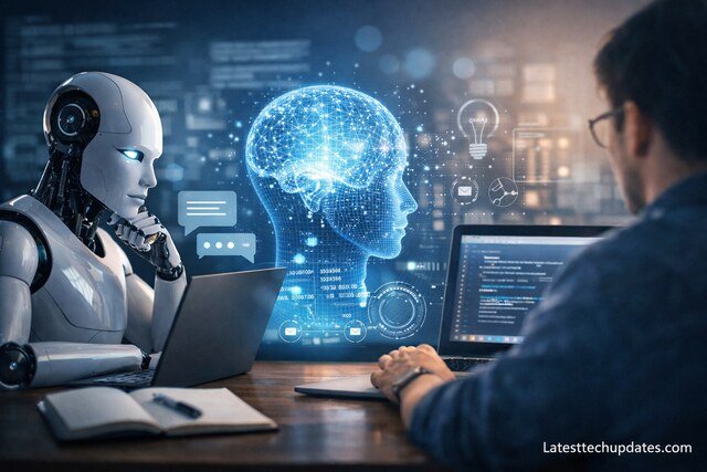 AI robot processing human questions on a laptop with digital brain interface