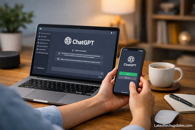 User creating a ChatGPT account on laptop and smartphone