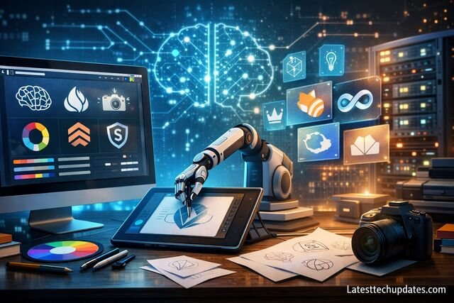 AI robot designing logo with digital tools and neural network interface.