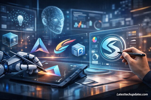 AI and human hands designing logos on digital screens in a futuristic workspace.