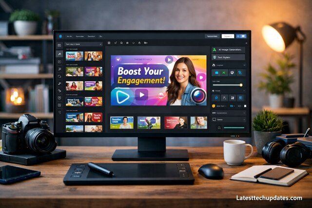 AI design software interface on desktop with creative elements