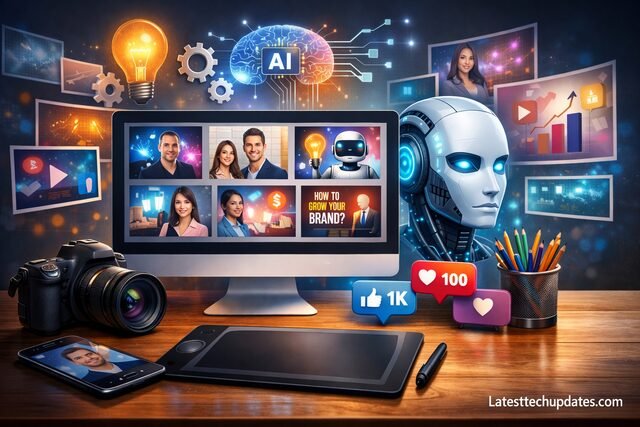 AI-designed thumbnails boosting personal branding on a digital workspace.