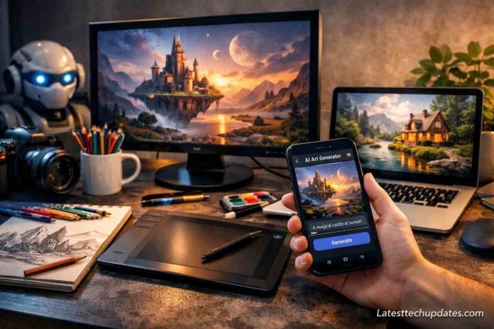AI tools creating digital images on devices in a creative workspace.