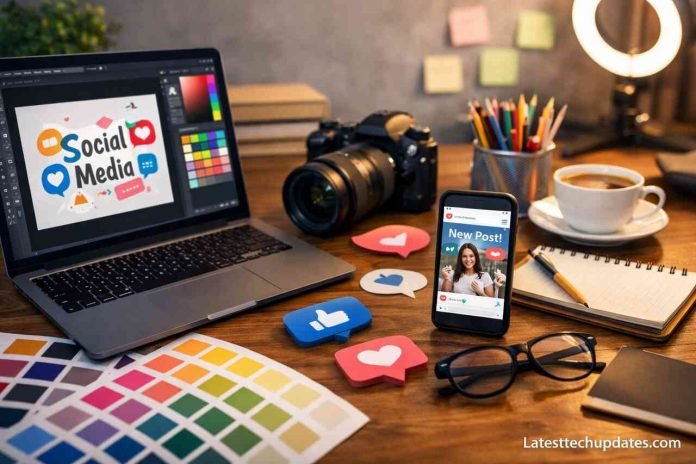 AI tools for creating social media graphics on a digital workspace