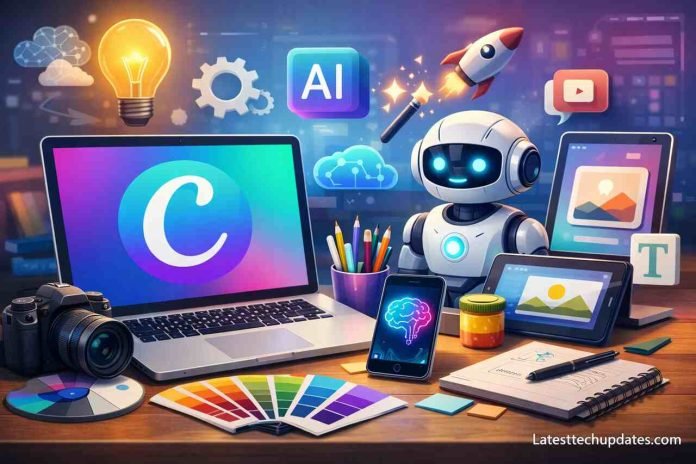 Best AI Tools for Canva Users (Design Faster) AI tools and Canva design workspace with tech gadgets and robot assistants.