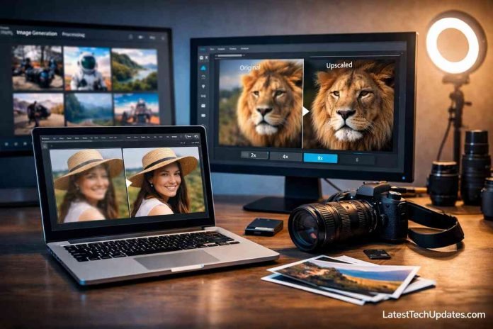 AI image upscaling tools enhancing photo quality on computer screens