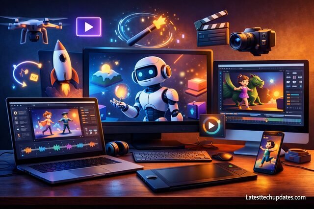 AI animation tools with 3D character and visual effects in a digital workspace.