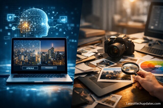 AI upscaling laptop vs manual editing tools on a desk.