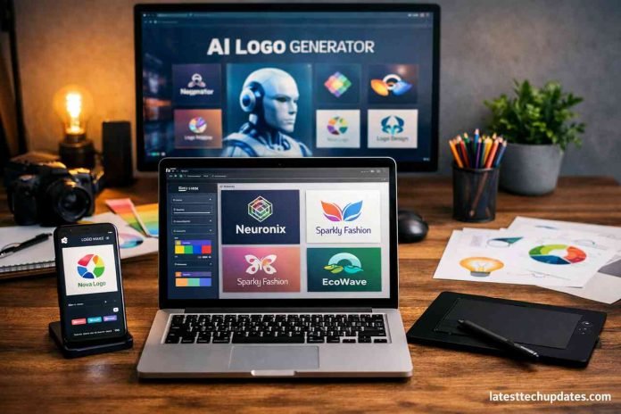 AI logo design tools displayed on devices in a creative workspace.