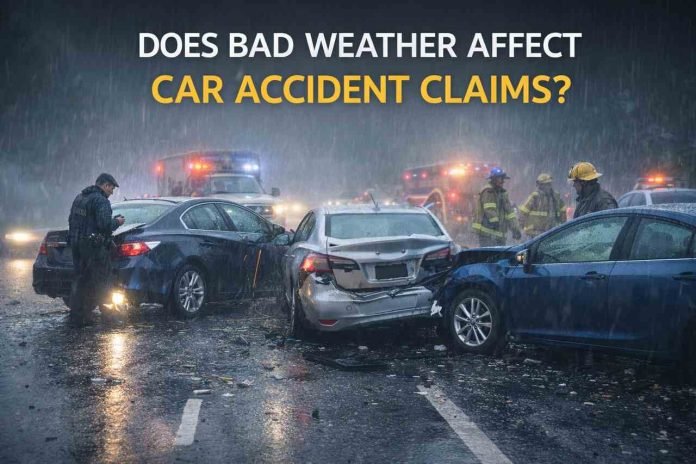 Car accident in heavy rain showing bad weather car accident claims scenario