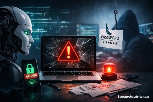 Illustration showing ChatGPT usage risks including hacking, privacy threats, and AI security warnings