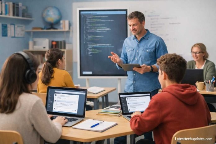 Students and teacher using ChatGPT in classroom