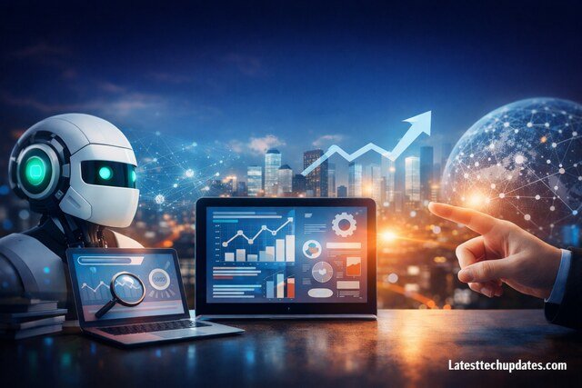 AI robot analyzing SEO analytics on laptop with digital growth graph