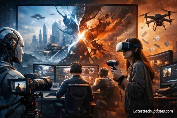 AI video production disruption with creators and futuristic technology