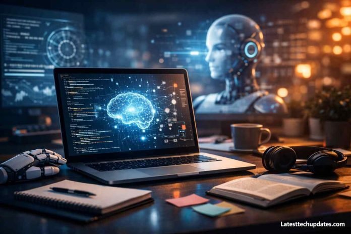 What Is Prompt Engineering? A Complete Beginner to Advanced Guide for Practical AI Mastery Prompt engineering AI workspace with laptop and digital brain