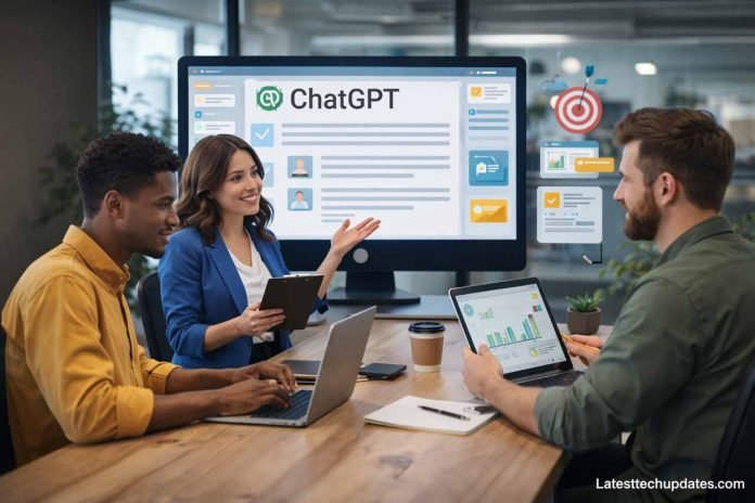 Professionals collaborating in a modern office using ChatGPT for content marketing.