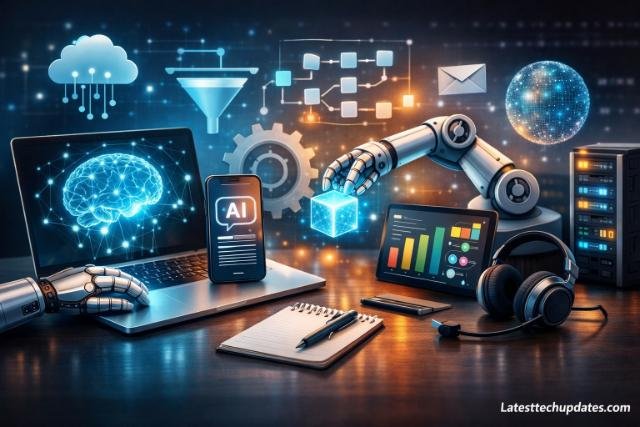 AI prompt-based automation tools workspace with robotic systems and digital interfaces