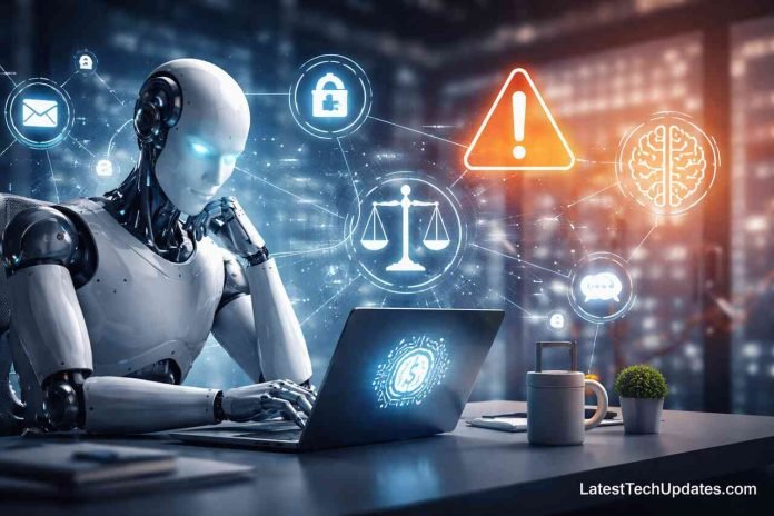 ChatGPT Limitations, Risks & Ethical Concerns: A Practical Human Perspective on Responsible AI Use AI robot analyzing ethical risks and limitations of artificial intelligence