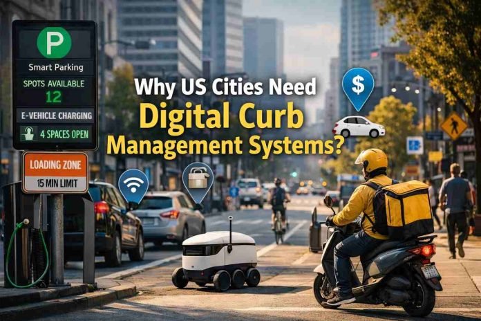 Smart curb management system in a US city street with digital parking and delivery solutions