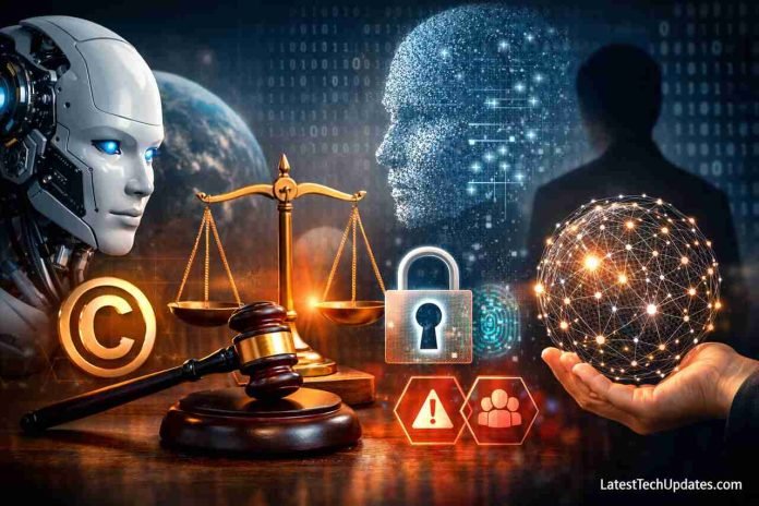 Ethical Issues & Copyright Problems in Generative AI: Responsibilities, and Real-World Impact AI ethics and copyright concept with robot, legal symbols, and digital globe