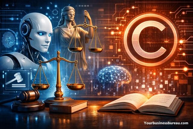 AI ethics and copyright concept with robot and legal symbols