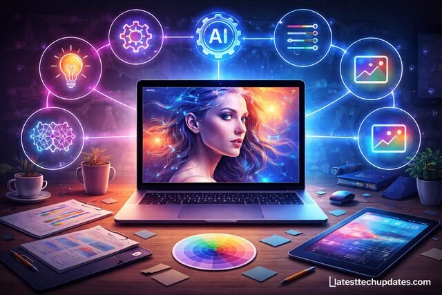 AI image generation workflow process illustration on a laptop