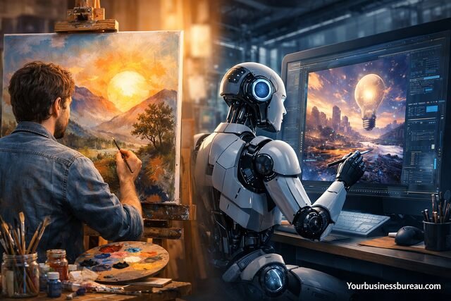 AI vs human creativity comparison with artist and robot creating art