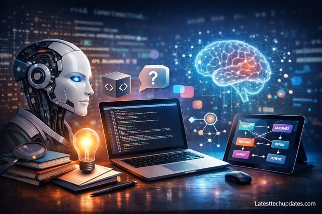 AI prompt engineering concept with robot, code, and neural network visualization