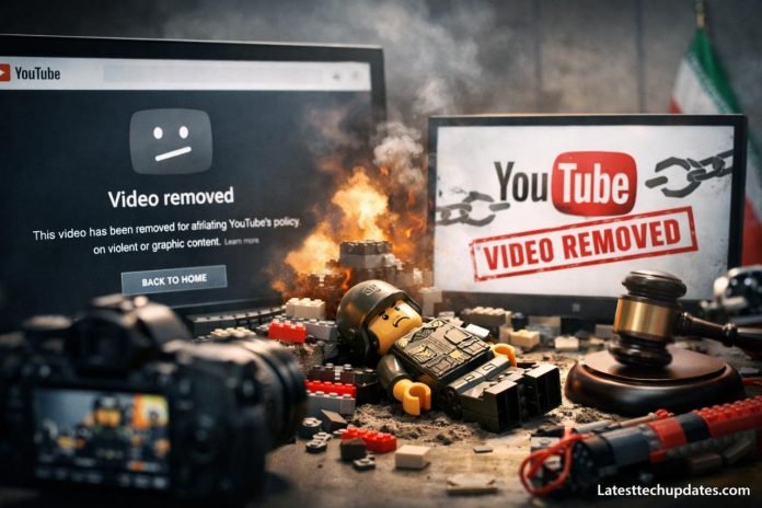 Iran Condemns YouTube Takedown of Explosive Media’s AI Lego Videos AI Lego war scene with YouTube video removed screen