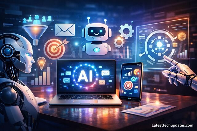 AI marketing automation tools dashboard with analytics and chatbot