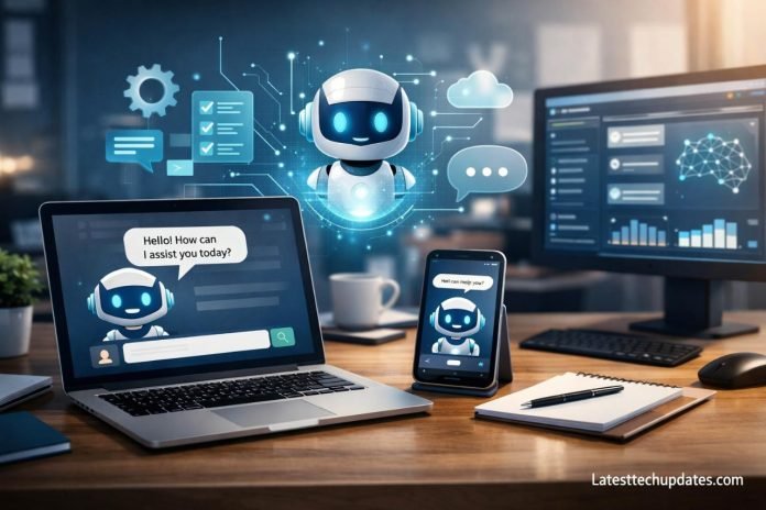 AI Chatbots for Websites: Benefits & Setup Guide with Practical Implementation Insights AI chatbot interface on website with analytics dashboard