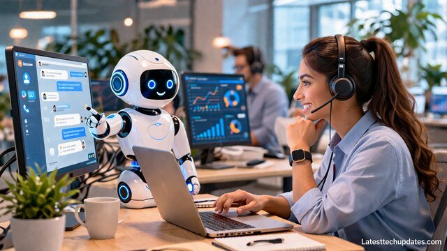 AI chatbot assisting customer support agent in modern office