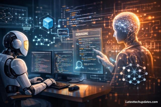 Claude AI analyzing complex code on futuristic screens