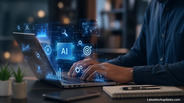 AI SEO analytics dashboard on laptop for optimization strategies