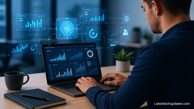 AI-powered marketing data analytics dashboard on laptop