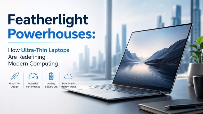 Featherlight Powerhouses How Ultra-Thin Laptops Are Redefining Modern Computing Ultra-thin laptop on modern desk with city background