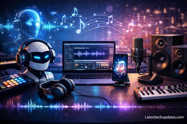 AI music tools digital production setup with robot and laptop