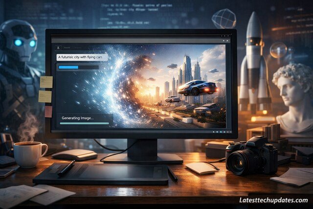 AI generating futuristic city from text prompt on computer screen