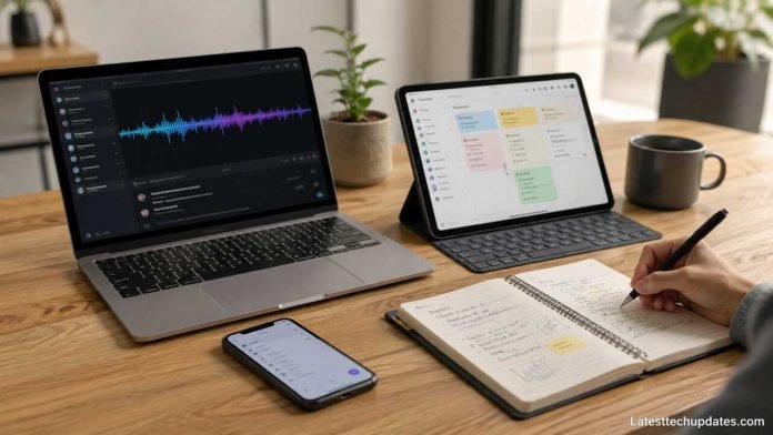 Modern AI-powered note-taking workspace with laptop, tablet, notebook, and productivity tools