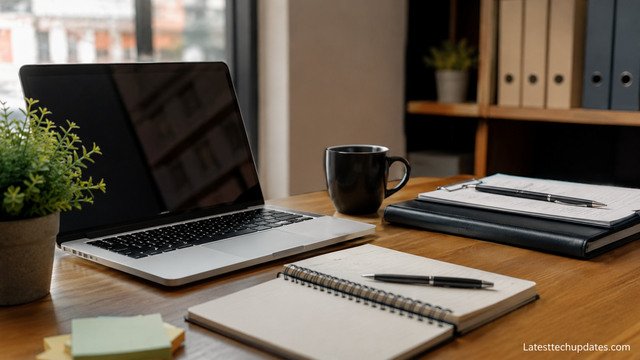 Modern office desk setup prepared for an important business meeting