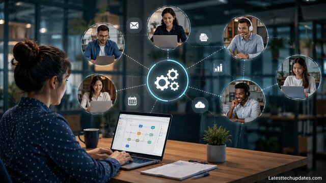 Remote team automating workflows through digital collaboration tools
